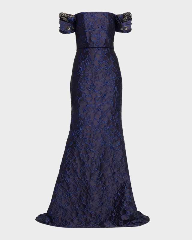 Beaded Off-Shoulder Jacquard Trumpet Gown